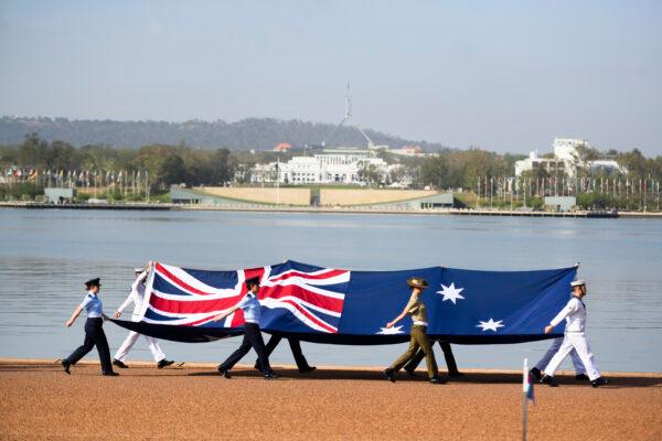 The flag raising ceremony at Lake Burley Griffin in Canberra, Australia, on Jan. 26, 2020. (Rohan Thomson/Getty Images)