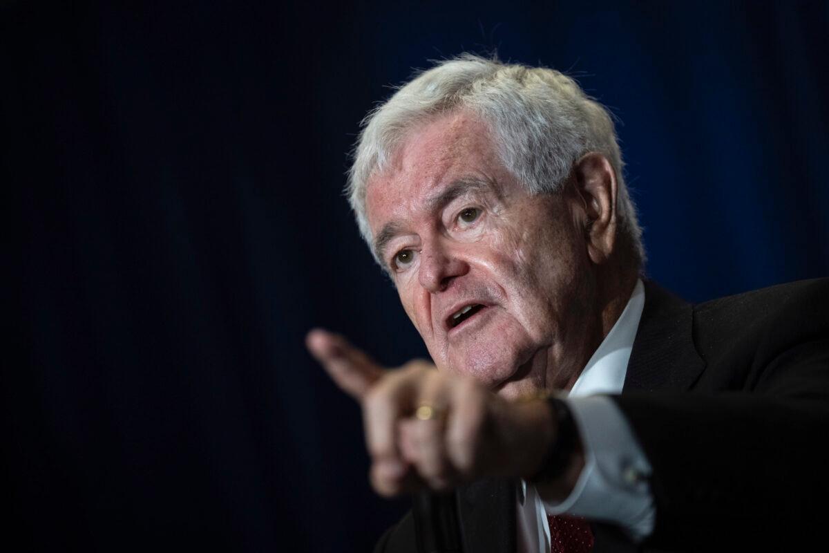 Former Speaker of the House Newt Gingrich speaks during the America First Agenda Summit, at the Marriott Marquis Hotel in Washington on July 26, 2022. (Drew Angerer/Getty Images)