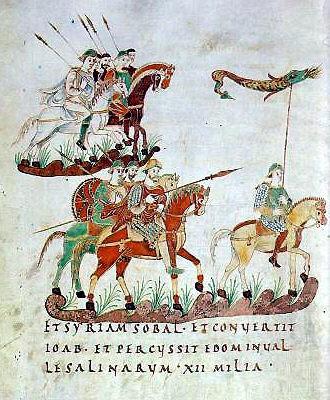 Carolingian cavalrymen with a draco standard from the ninth century. Anonymous - Psalterium Aureum, St. Gallen. (Public Domain)