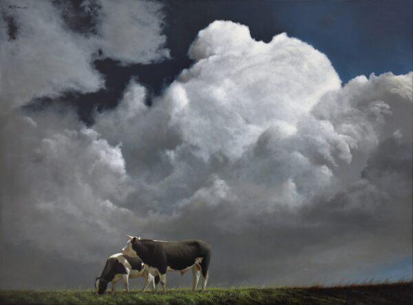 In her online artist statement, Alexandra Klimas paints animals destined for our dinner plate, paying homage to what she calls these "forgotten" animals. She wants her paintings to encourage others to reconnect with nature and bring more empathy to their lives. She's painted the vast sky in "Bill the Bull and His Cow" to show the greater world of which these creatures are a part. Third place in the Landscape category: “Bill the Bull and His Cow,” 2021, by Alexandra Klimas (Netherlands). Oil on canvas; 35 1/4 inches by 47 inches. (Courtesy of the Art Renewal Center)