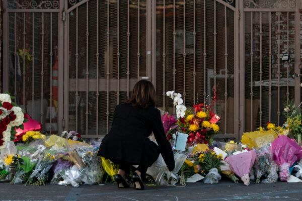 Vice President Kamala Harris lays flowers at a memorial set up outside Star Dance Studio in Monterey Park, Calif., on Jan. 25, 2023, to honor the victims killed in last week's mass shooting. (Jae C. Hong/AP Photo)