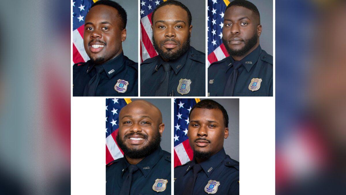This combination of images provided by the Memphis Police Department shows (top L–R) officers Tadarrius Bean, Demetrius Haley, Emmitt Martin III, (bottom L–R) Desmond Mills Jr., and Justin Smith. (Memphis Police Department via AP)