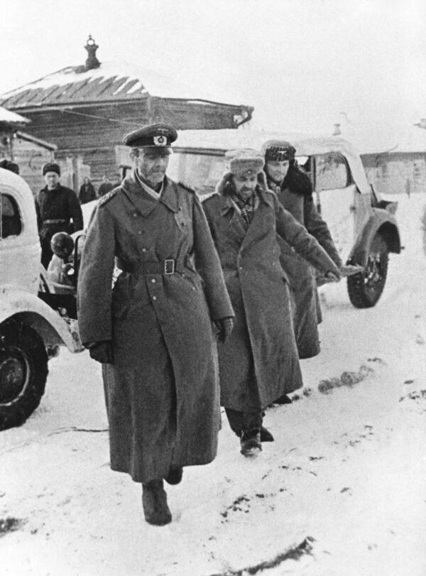 German Gen. Friedrich Paulus (L) surrenders to Soviet troops near Stalingrad on Jan. 31, 1943. The eventual inability of the Luftwaffe to carry supplies to German troops was a significant reason the Nazi effort failed. (AFP via Getty Images)
