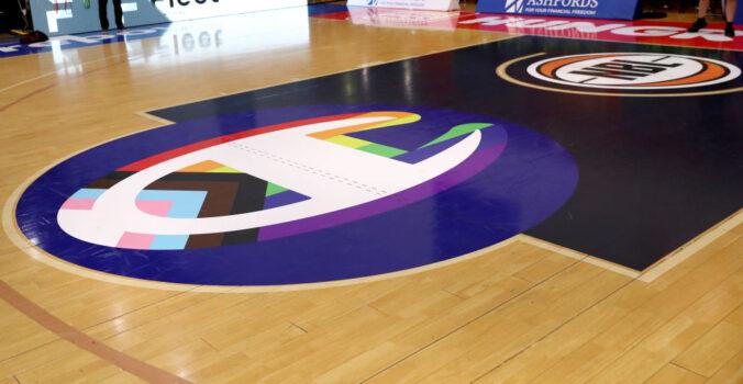 The Champion’s Pride Progress flag x ‘C’ logo is seen ahead of NBL inaugural Pride Round during the round 17 NBL match between South East Melbourne Phoenix and Cairns Taipans at State Basketball Centre in Melbourne, Australia on Jan. 25, 2023. (Kelly Defina/Getty Images)