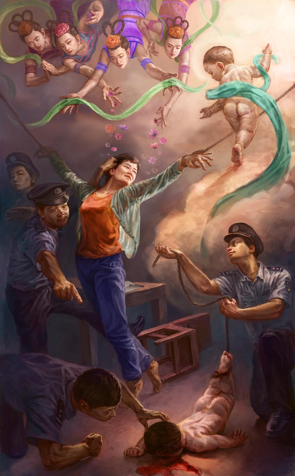 "See You Up There, Mom": Based on a real-life incident, the painting shows a mom being tortured for her faith in Falun Gong while the soul of her months-old baby son, who has been killed by the Chinese prison guards, is seen flying above and encouraging her to stay strong. (Courtesy of Loc Minh Duong)