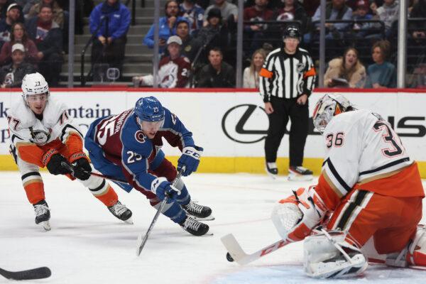 Logan O'Connor (25) of the Colorado Avalanche fires a shot on goal against John Gibson (36) of the Anaheim Ducks in the second period at Ball Arena in Denver on Jan. 26, 2023. (Matthew Stockman/Getty Images)