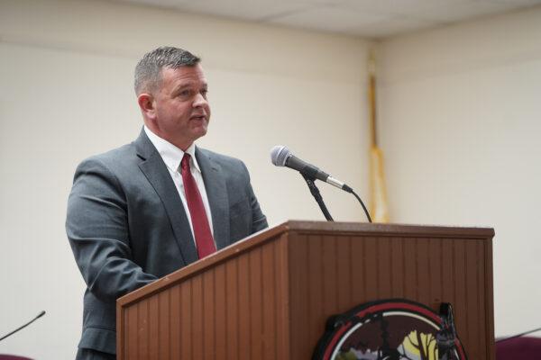 Mayor Kelly Decker delivers his last State of the City address at the city hall in Port Jervis, N.Y., on Jan. 25, 2023. (Cara Ding/The Epoch Times)