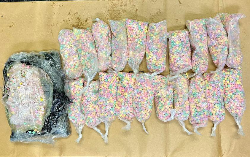 Costa Mesa police confiscate three large bags of fentanyl—containing smaller distributable bags—in Costa Mesa, Calif., on Jan. 24, 2023. (Courtesy of the Costa Mesa Police Department)