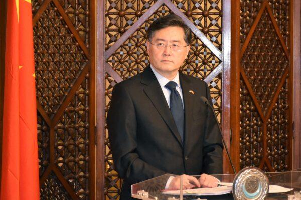 Chinese Foreign Minister Qin Gang holds a press conference with the Arab League's Secretary-General (unseen) at the league's headquarters in Cairo on Jan. 15, 2023. (AFP via Getty Images)