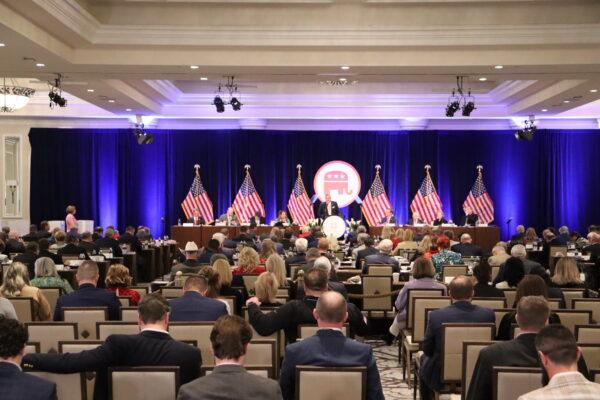 A crowd gathers as the Republican National Committee reelects Ronna McDaniel for a fourth two-year term as chairwoman after a three-day meeting at a luxury resort in Dana Point, Calif., on Jan. 27, 2023. (Mei Li/The Epoch Times)