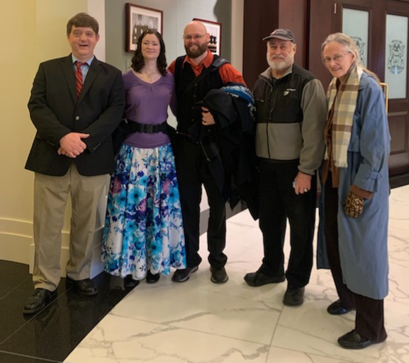 (R–L) Attorney David Peters, Katie Shier, Ron Shier, Ross Barranco, and Gay Long outside the courtroom in Lansing, Mich., on Dec. 1, 2022. (Courtesy of Ross Barranco)