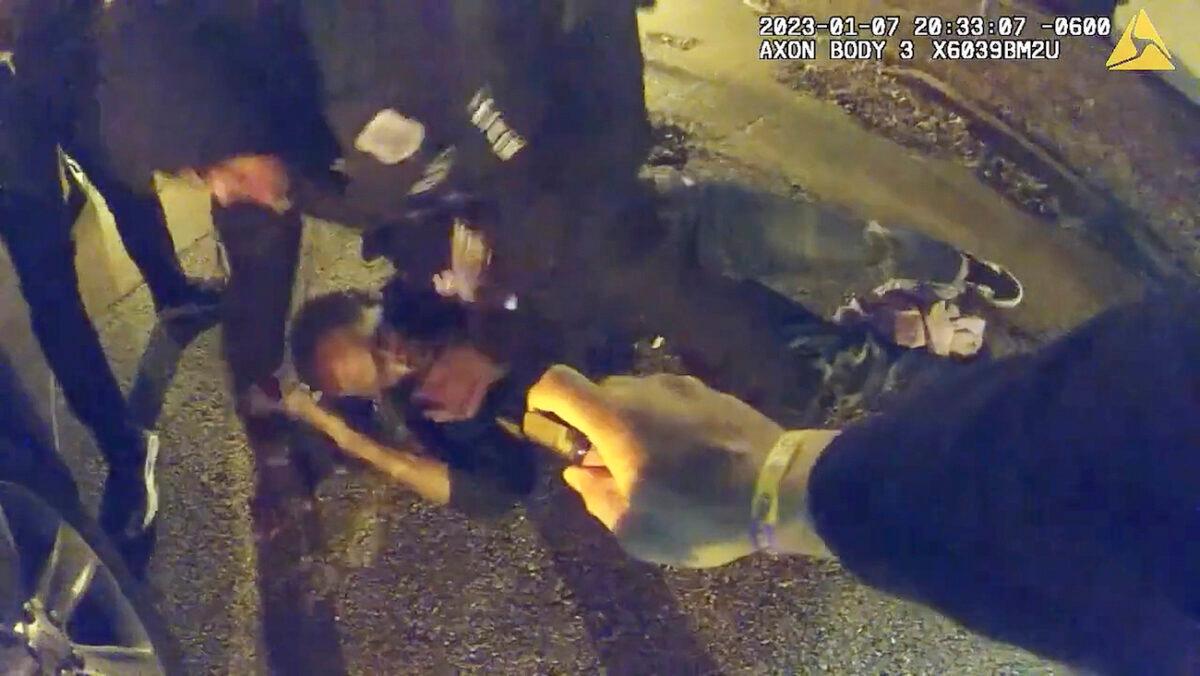 The image from video released on Jan. 27 by the City of Memphis shows Tyre Nichols during a brutal attack by police officers on Jan. 7 in Memphis, Tenn. Nichols died on Jan. 10. The five officers have since been fired and charged with second-degree murder and other offenses. (City of Memphis via AP)