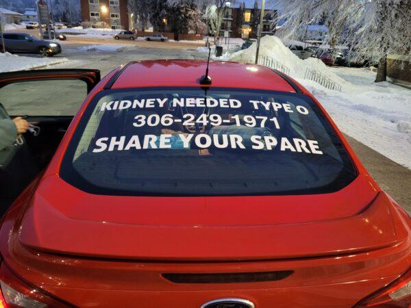 Car advertisement by Debbie Onishenko for a kidney donation, on Jan. 16, 2023. (Courtesy Brent Kruger)