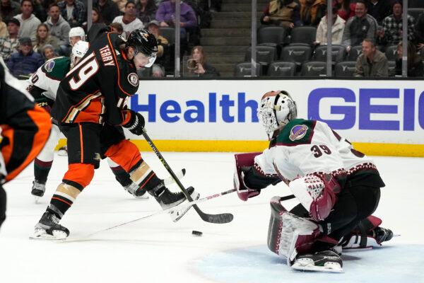 Anaheim Ducks right wing Troy Terry, left, tries to get a shot past Arizona Coyotes goaltender Connor Ingram during the second period of an NHL hockey game in Anaheim, Calif., Jan. 28, 2023.(Mark J. Terrill/AP Photo)