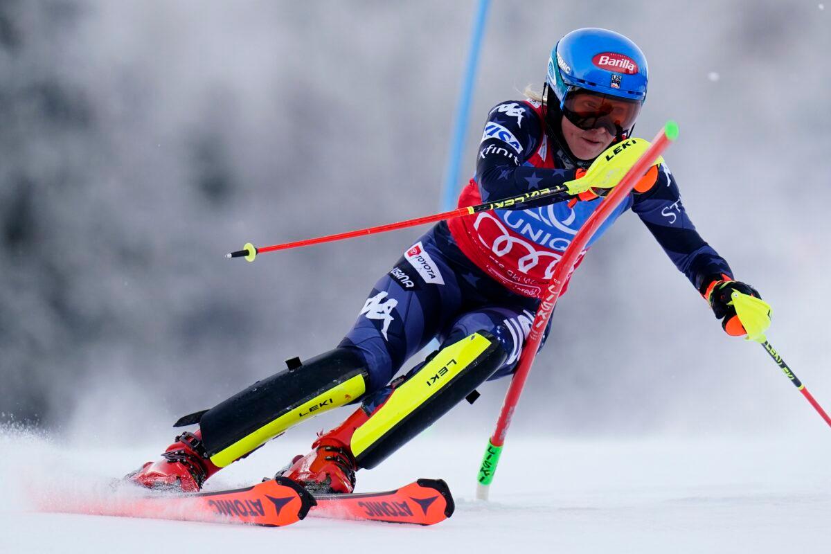 United States' Mikaela Shiffrin speeds down the course during an alpine ski during the women's World Cup slalom in Spindleruv Mlyn, Czech Republic, on Jan. 29, 2023. (Piermarco Tacca/AP Photo)