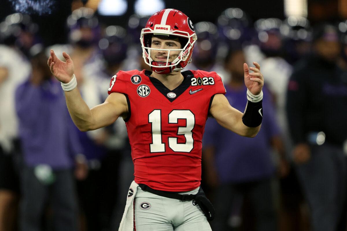 Stetson Bennett #13 of the Georgia Bulldogs reacts in the first half against the TCU Horned Frogs in the College Football Playoff National Championship game at SoFi Stadium, in Inglewood, Calif., on Jan. 9, 2023. (Sean M. Haffey/Getty Images)