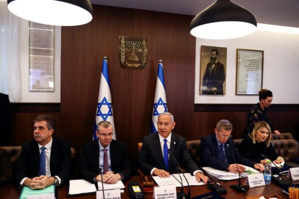 Israeli Prime Minister Benjamin Netanyahu looks on as he convenes a weekly cabinet meeting amid a surge of violence in Jerusalem and the West Bank, at the Prime Minister's office in Jerusalem, on Jan. 29, 2023. (Ronen Zvulun/Pool via Reuters)