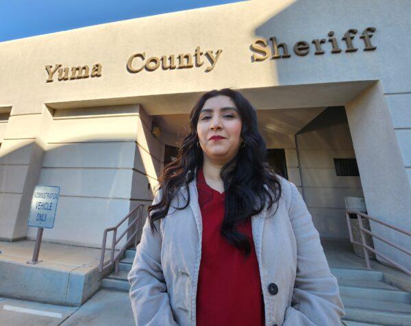 Tania Pavlak, public affairs specialist with the Yuma County Sheriff's Office, says deaths associated with illegal immigration are a strain on law enforcement on Jan. 27, 2023. (Allan Stein/The Epoch Times)