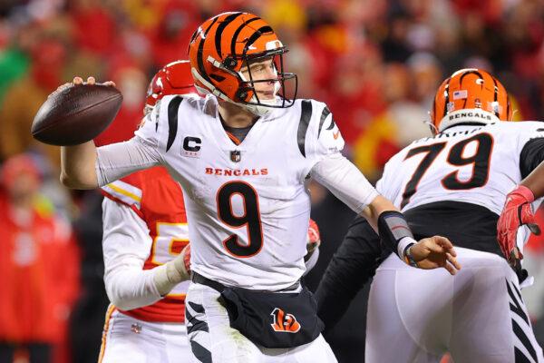 Joe Burrow (9) of the Cincinnati Bengals throws a pass against the Kansas City Chiefs during the third quarter in the AFC Championship Game at GEHA Field at Arrowhead Stadium in Kansas City on January 29, 2023. (Kevin C. Cox/Getty Images)