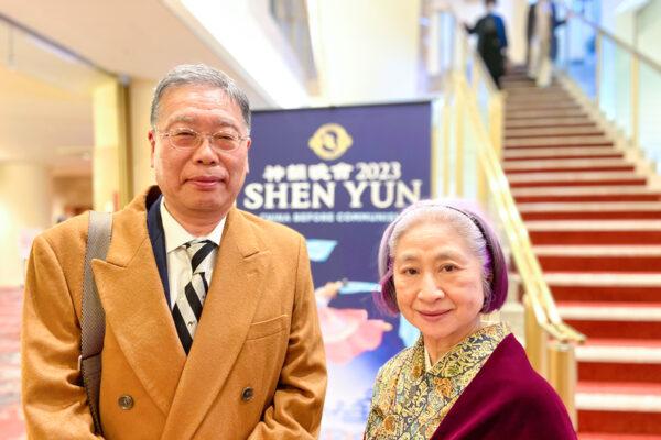Mr. Hibino Akihiro, the president of a subsidiary of an automobile company, attends Shen Yun Performing Arts at the Aichi Prefectural Art Theater with his wife, in Nagoya, Japan, on Jan. 30, 2023. (Wang Wenliang/The Epoch Times)