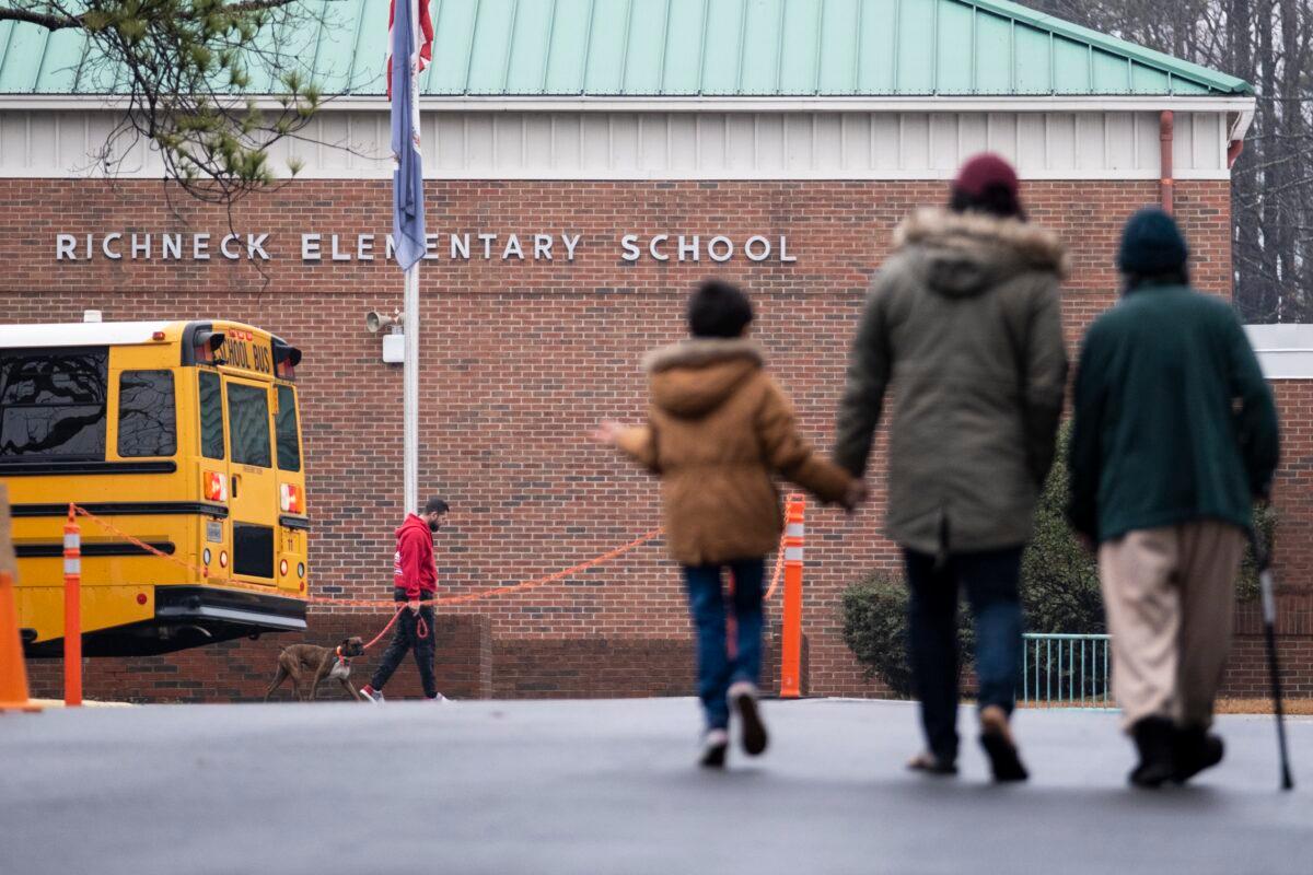 Students return to Richneck Elementary in Newport News, Va., on Jan. 30, 2023. (Billy Schuerman/The Virginian-Pilot via AP)