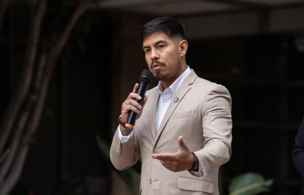 Santa Ana City Councilman Johnathan Ryan Hernandez speaks about a recall launched against his council colleagues at City Hall in Santa Ana, Calif., on Jan. 30, 2023. (John Fredricks/The Epoch Times)