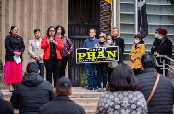 Santa Ana Mayor Pro Tem Jessie Lopez and Councilwoman Thai Viet Phan speak about recalls against them at City Hall in Santa Ana, Calif., on Jan. 30, 2023. (John Fredricks/The Epoch Times)