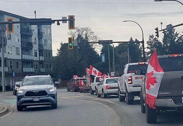 A convoy of vehicles makes its way from Nanaimo to Victoria on Vancouver Island to mark the one-year anniversary of trucker convoy protests against COVID-19 mandates, on Jan. 28, 2023. (Courtesy Cheryl Payne)