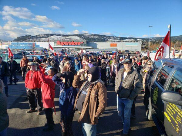 People gather in Westbank, B.C., on Jan. 28, 2023, to mark the one-year anniversary of trucker convoy protests against COVID-19 mandates. (Courtesy Tamara Dinardo)
