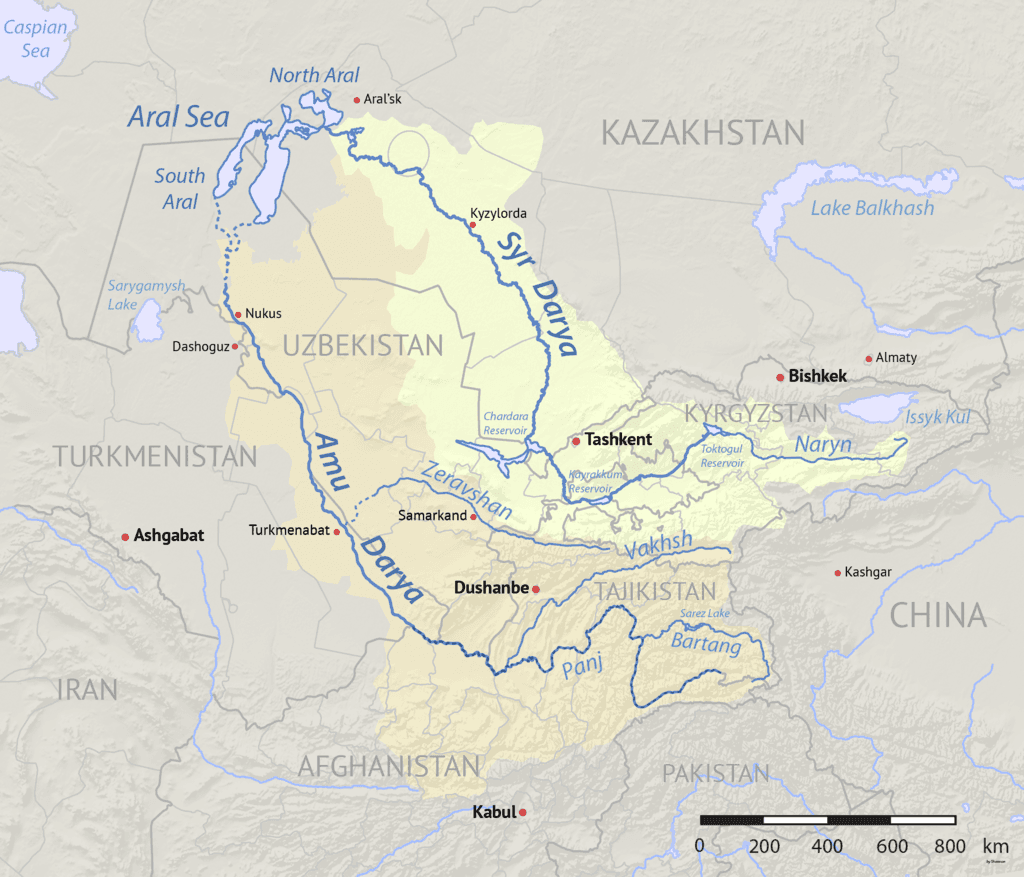 Map showing the location of the Aral Sea and the watersheds of the Amu Darya (orange) and Syr Darya (yellow) which flow into the lake. (Wikimedia Commons)