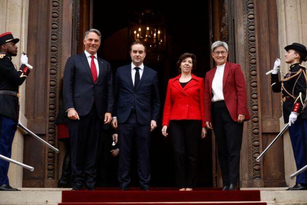 (L to R) Australian Defence Minister Richard Marles, French Armies Minister Sebastien Lecornu, French Foreign and European Affairs Minister Catherine Colonna and Australian Foreign Minister Penny Wong pose prior their joint meeting at Quai dOrsay in Paris, on Jan. 30, 2023. (Yoan Valat/POOL/AFP via Getty Images)