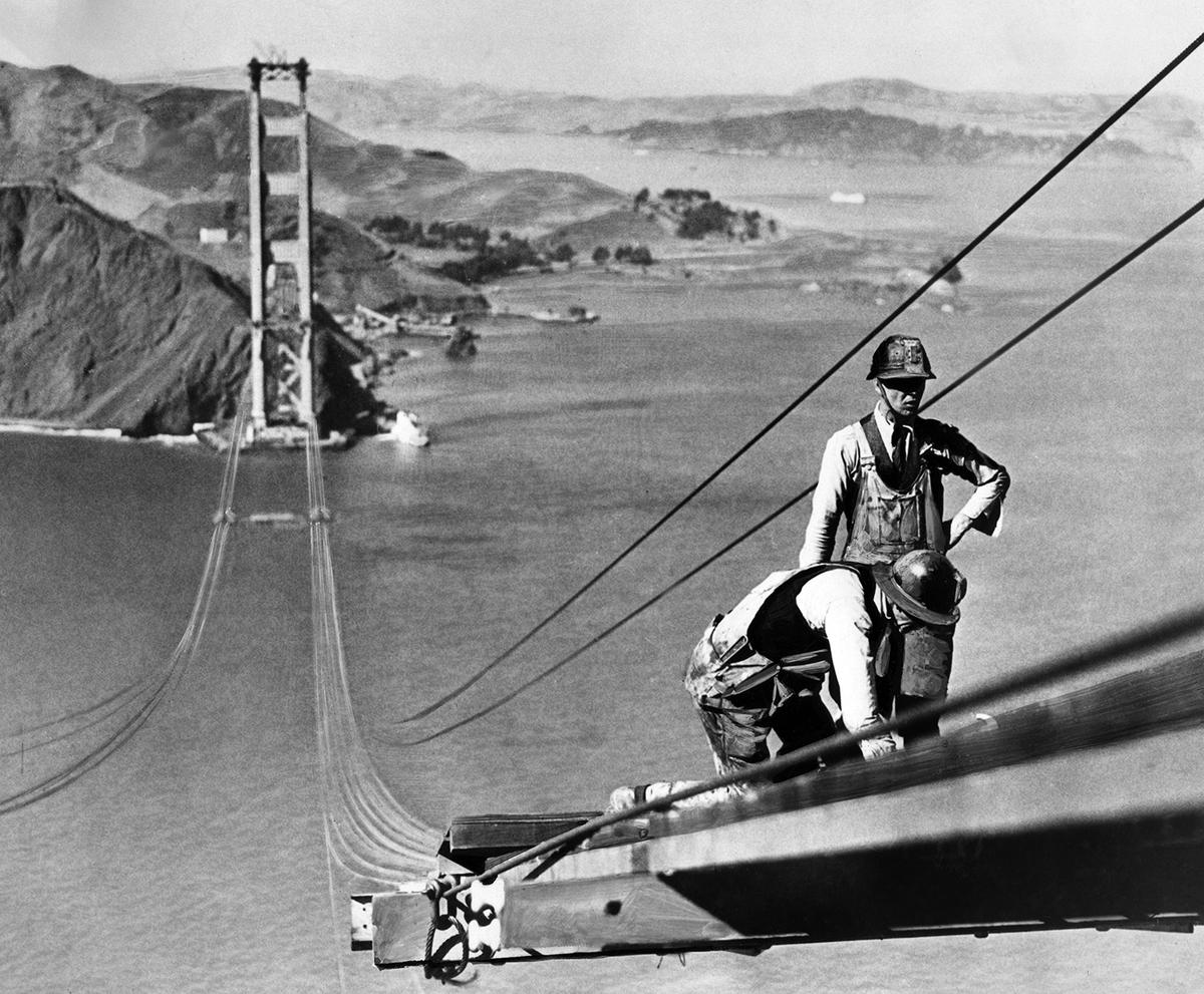 Workers on the catwalk during construction of the Golden Gate Bridge in October 1935. (AFP/Getty Images)