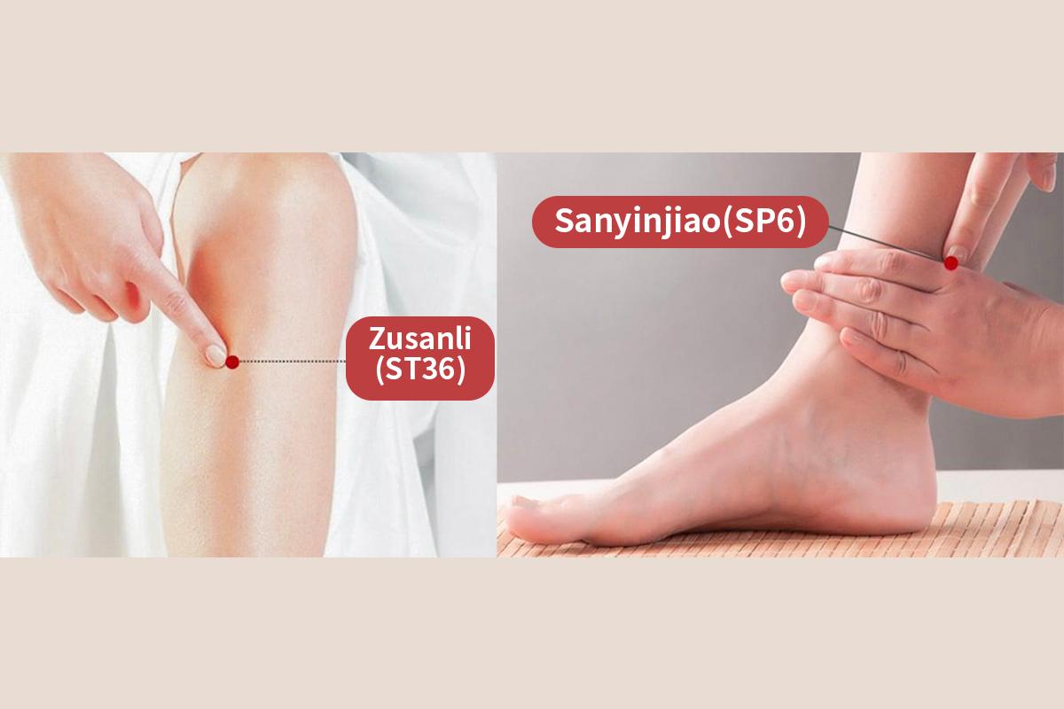 Zusanli (L) and Sanyinjiao(R) acupoints location. (The Epoch Times)