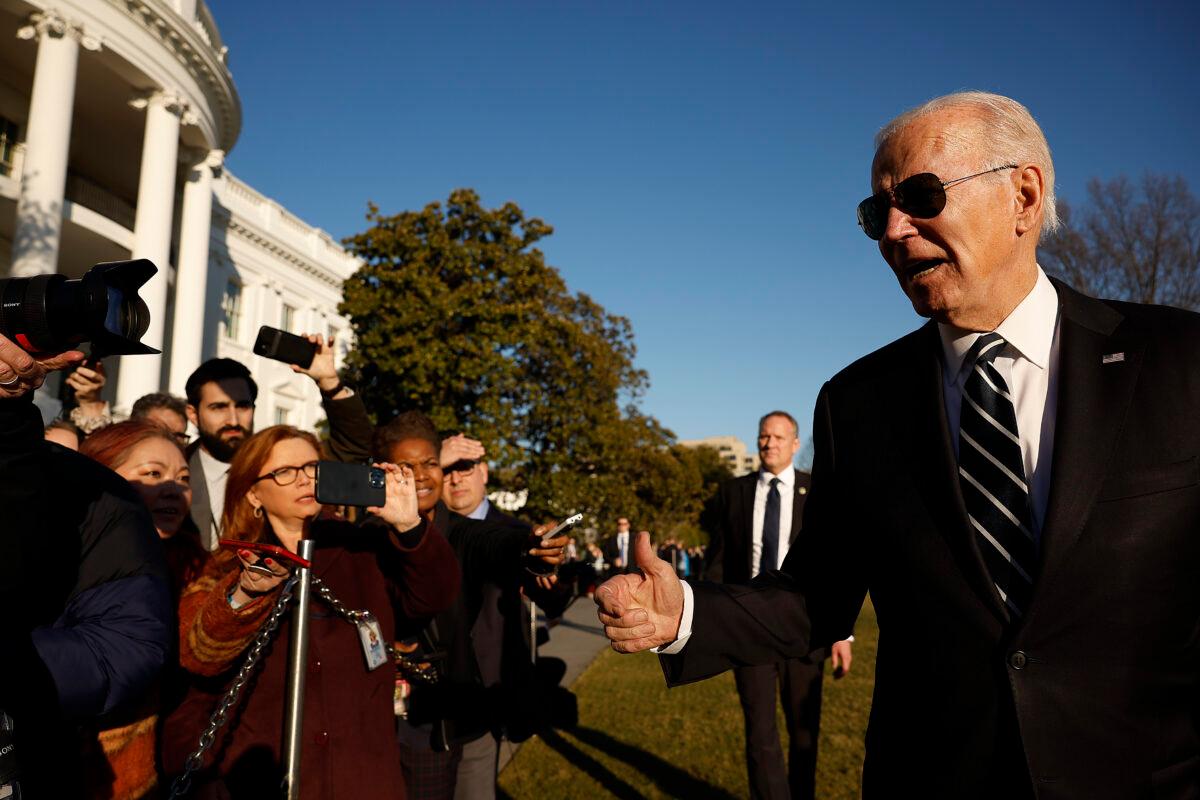 President Joe Biden talks to reporters after returning to the White House on Jan. 30, 2023. Biden had traveled to Baltimore to talk about how the Bipartisan Infrastructure Law's funds are slated to help replace the 150-year-old Baltimore to Potomac Tunnel. (Chip Somodevilla/Getty Images)