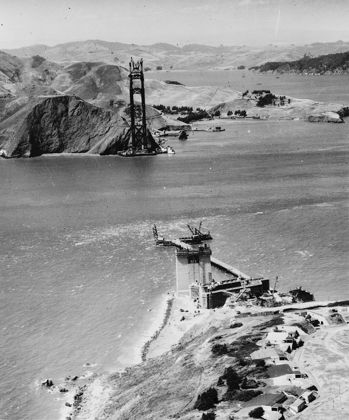 The Golden Gate Bridge under construction, circa 1934. Photographed by Chas. M. Hiller. Library of Congress. (Public Domain)
