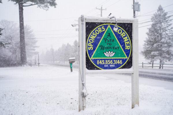 A sign at the entrance of Sober Village in the Town of Deerpark, N.Y., on Jan. 25, 2023. (Cara Ding/The Epoch Times)
