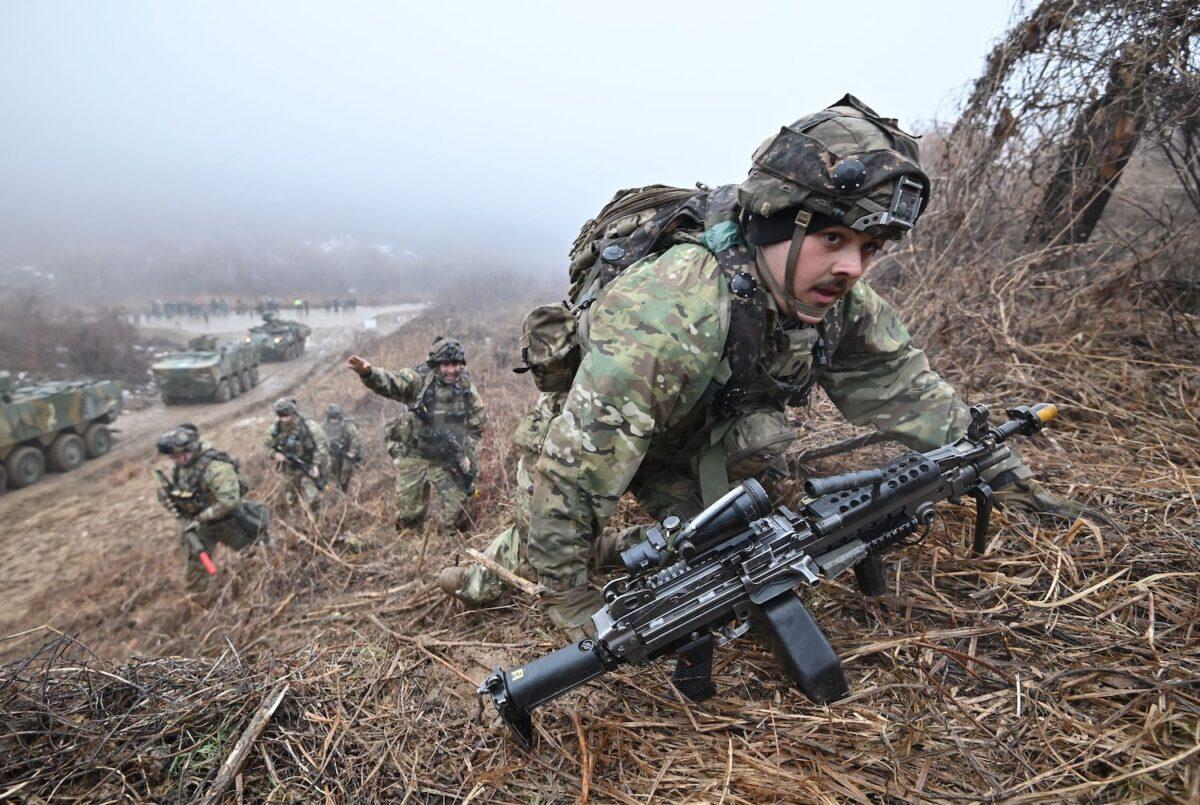 U.S. soldiers participate in a joint military drill between the U.S. 2nd Infantry Division Stryker Battalion and the ROK 25th Infantry Division Army Tiger Demonstration Brigade at a training site in Paju, South Korea on Jan. 13, 2023. (Jung Yeon-je/AFP via Getty Images)