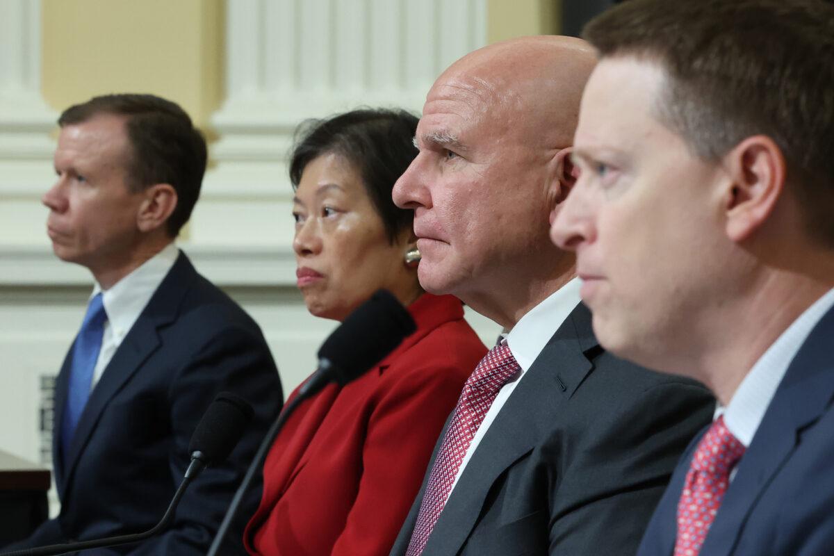 (L–R) Scott Paul, president of the Alliance for American Manufacturing; human rights activist Tong Yi; Lt. Gen. H.R. McMaster (Ret.); and Matthew Pottinger, chairman of the Foundation for Defense of Democracies' China Program, testify during a hearing of the U.S. House Select Committee on Strategic Competition between the United States and the Chinese Communist Party in Washington on Feb. 28, 2023. (Kevin Dietsch/Getty Images)