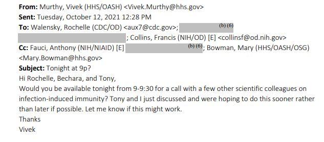  An email obtained by The Epoch Times shows U.S. Surgeon General Dr. Vivek Murthy contacting colleagues to arrange the meeting. (The Epoch Times)