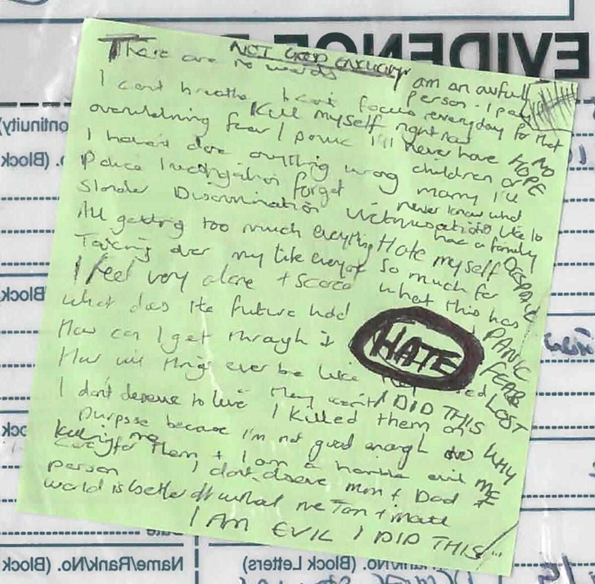 Undated image of a Post-It note found at the home of Lucy Letby, in Chester, England, and shown at her trial at Manchester Crown Court in October 2022. (CPS)