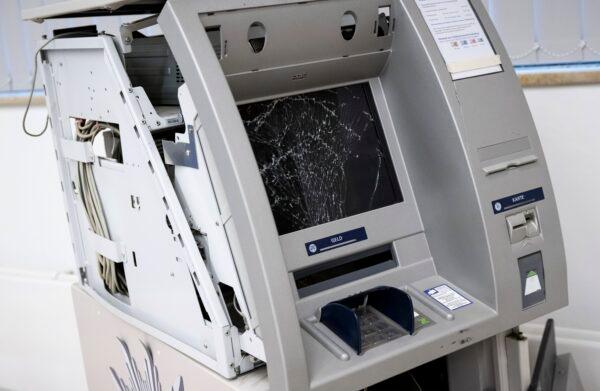 A blown-up ATM is displayed during a press conference at the State Criminal Police Office (LKA) in Munich on Feb. 2, 2023. (Sven Hoppe/dpa via AP)