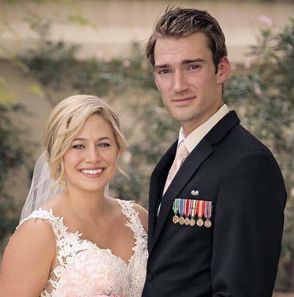 Logan and Alyse White on their wedding day. Alyse said there was some benefit in her not having met Logan prior to the war. (Brian White)