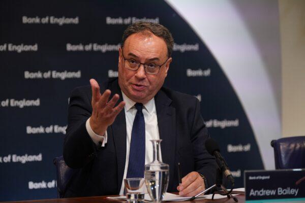 Andrew Bailey, governor of the Bank of England, during the Bank of England Monetary Policy Report Press Conference, at the Bank of England, London, on Feb. 2, 2023. (Yui Mok/PA Media)