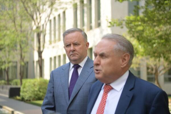 Then opposition Leader Anthony Albanese (L) with then Shadow Minister for Sports Don Farrell held a news conference at Parliament House on Feb. 05, 2020 in Canberra, Australia. (Tracey Nearmy/Getty Images)