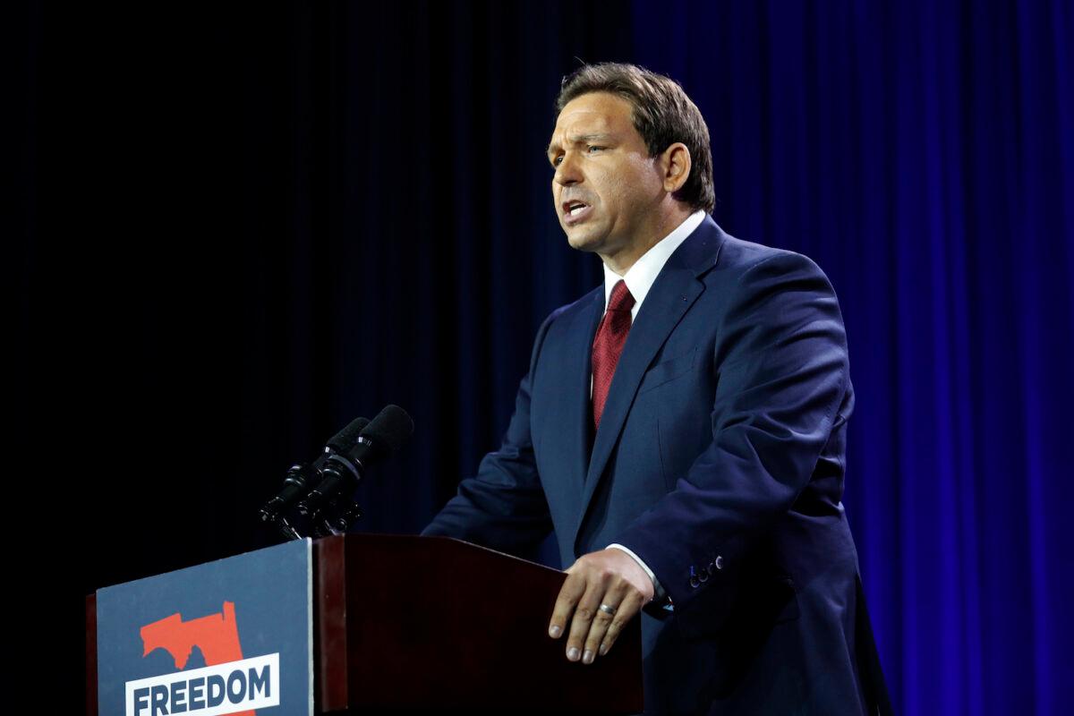 Florida Gov. Ron DeSantis is calling for tougher restrictions on ESG influences in Florida banking. Here he speaks after defeating Democratic gubernatorial candidate Rep. Charlie Crist in Tampa, Fla, on Nov. 8, 2022. (Octavio Jones/Getty Images)