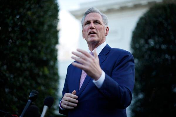 House Speaker Kevin McCarthy (R-Calif.) talks to reporters after meeting with President Joe Biden at the White House, on Feb. 1, 2023. (Chip Somodevilla/Getty Images)