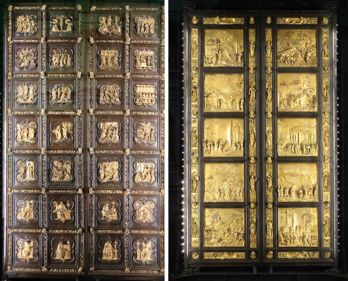 (Left) North doors of Florence Baptistery, Florance. (<a href="https://en.wikipedia.org/wiki/File:Lorenzo_ghiberti_e_aiuti,_porta_nord_del_battistero_di_firenze,_01.JPG">Sailko</a>/CC BY-SA 3.0) (Right) Porta del Paradiso located at the Florence Baptistery. (<a href="https://en.wikipedia.org/wiki/File:Lorenzo_ghiberti,_porta_del_paradiso,_1425-52,_00.JPG">Sailko</a>/CC BY-SA 3.0)