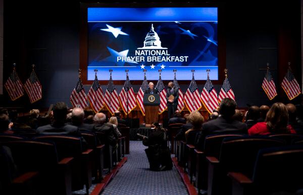 Senate Minority Leader Mitch McConnell (R-Ky.) and Senate Majority Leader Charles Schumer (D-N.Y.) address at the National Prayer Breakfast at the U.S. Capitol on Feb. 3, 2022, in Washington. (Greg Nash-Pool/Getty Images)