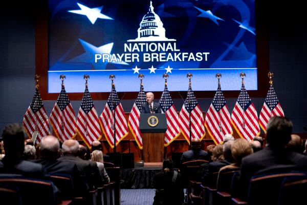 President Joe Biden addresses the National Prayer Breakfast at the U.S. Capitol in Washington, D.C., on Feb. 3, 2022. (Greg Nash-Pool/Getty Images)