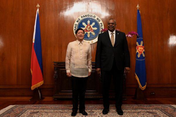 US Secretary of Defense Lloyd James Austin III, right, with Philippine President Ferdinand Marcos Jr during a courtesy call at the Malacanang Palace in Manila on Feb. 2, 2023. (Jamilah Sta Rosa-Pool/Getty Images)